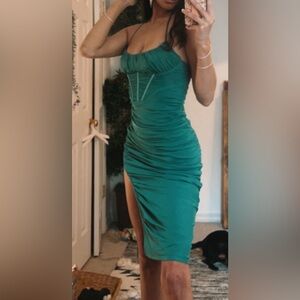 Hello Molly Womens Green Midi Dress - ruched with split Size Small US 4